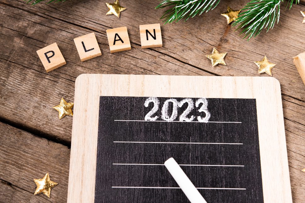 2023 plan with chalk and chalkboard for planning business in the new year